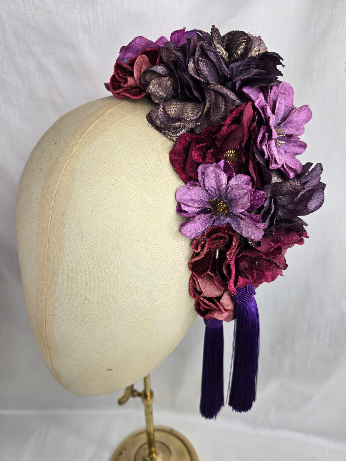 XL purple, maroon and burgundy autumn flower headpiece with silky tassels