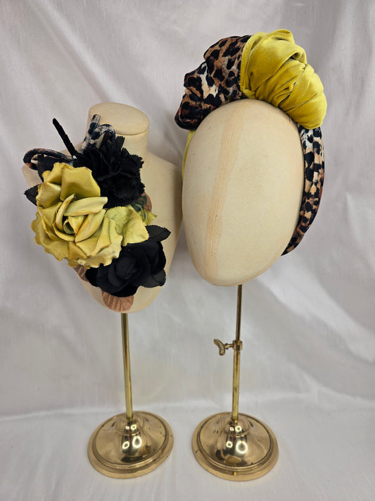 Chartruese yellow and leopard stretch velvet turban with corsage