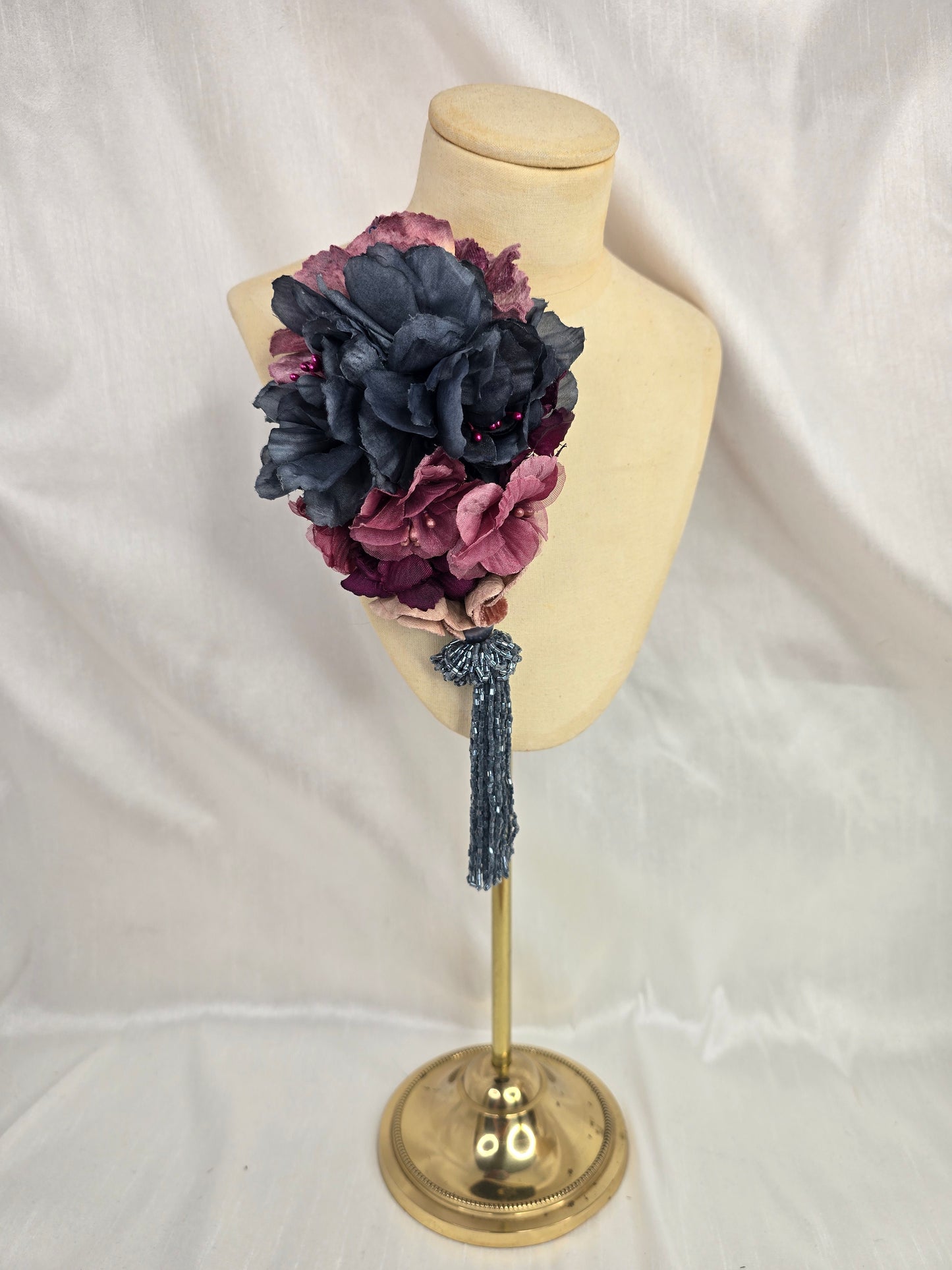 Medium purple and blue flower headpiece with beaded tassel