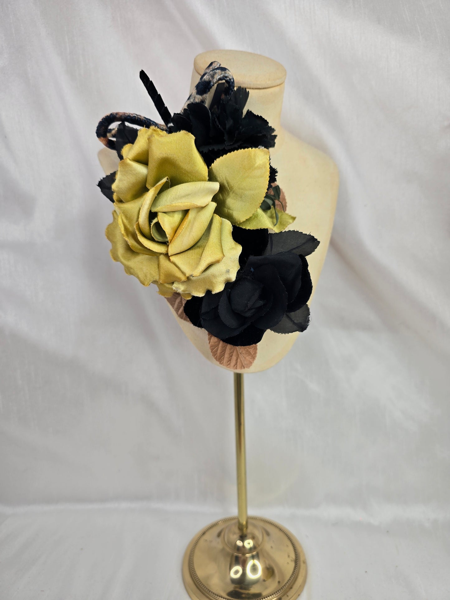 Chartruese yellow and leopard stretch velvet turban with corsage