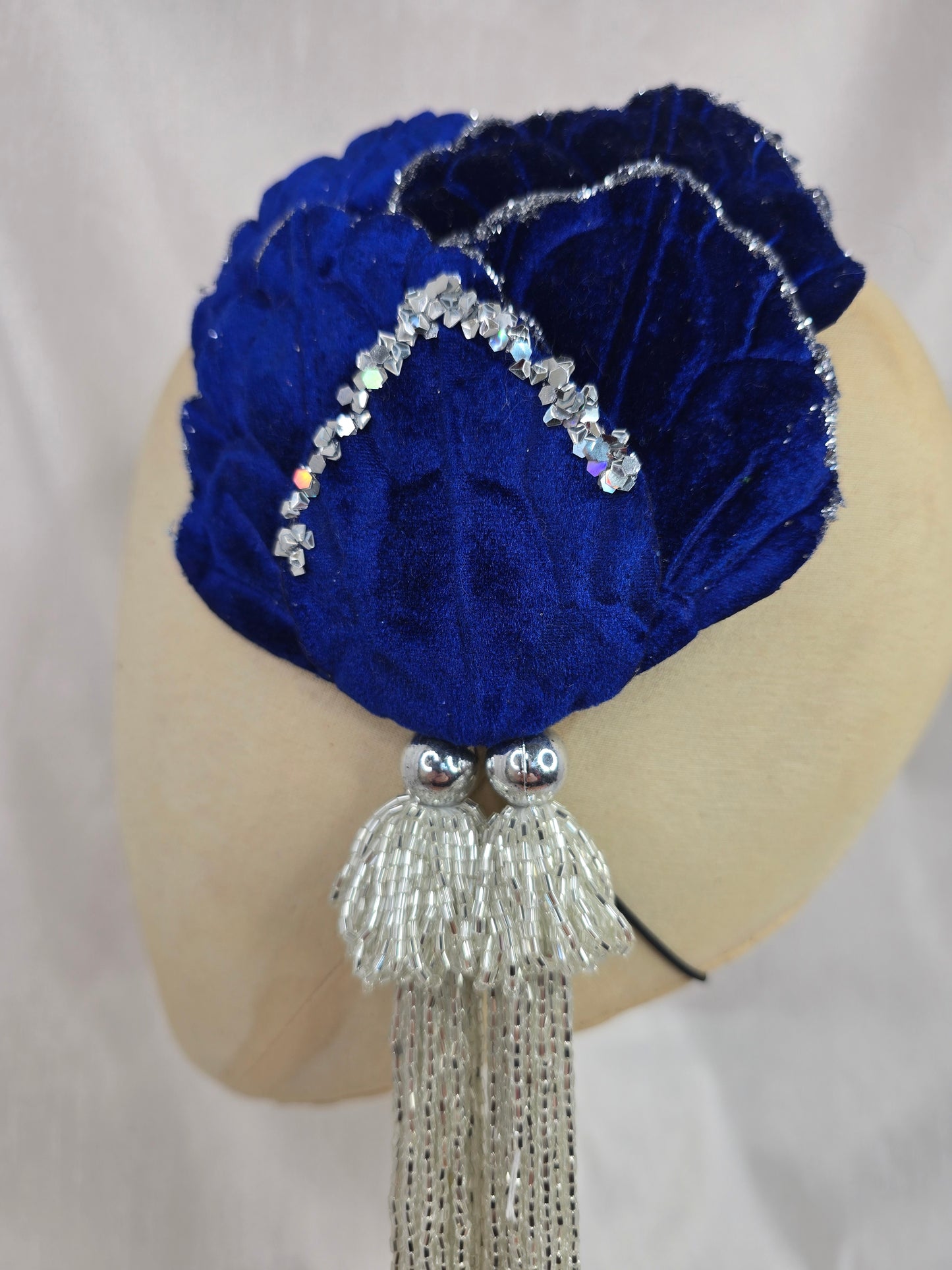 Royal blue and silver glittered half hat/fascinator with beaded tassels (made to order)
