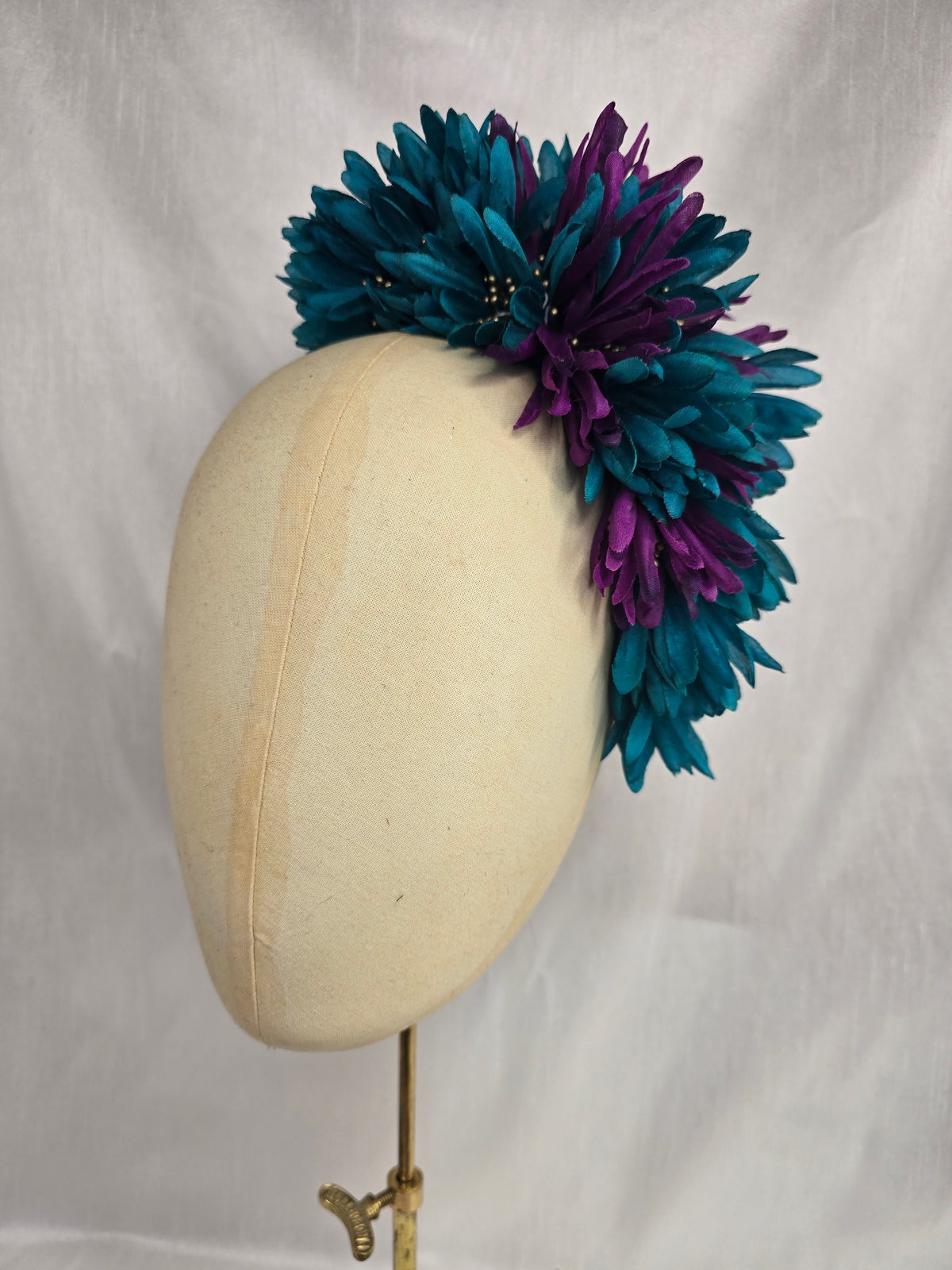 Teal, purple and gold large hair flower