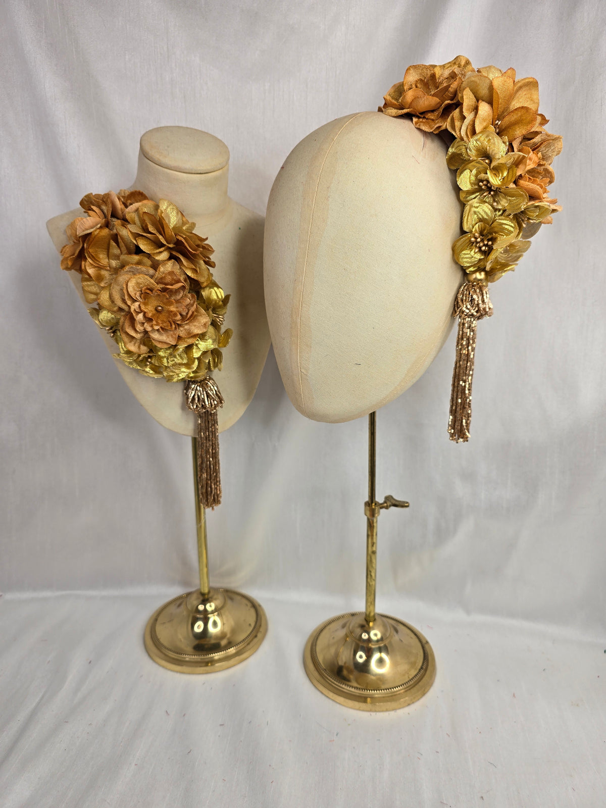 Medium autumn gold flower headpiece/corsage with beaded tassel