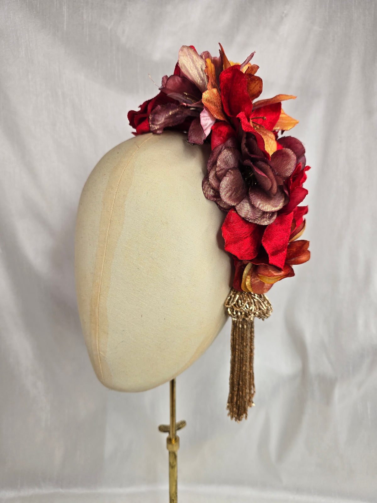 XL maroon, red and orange autumn flower headpiece/corsage with beaded tassels