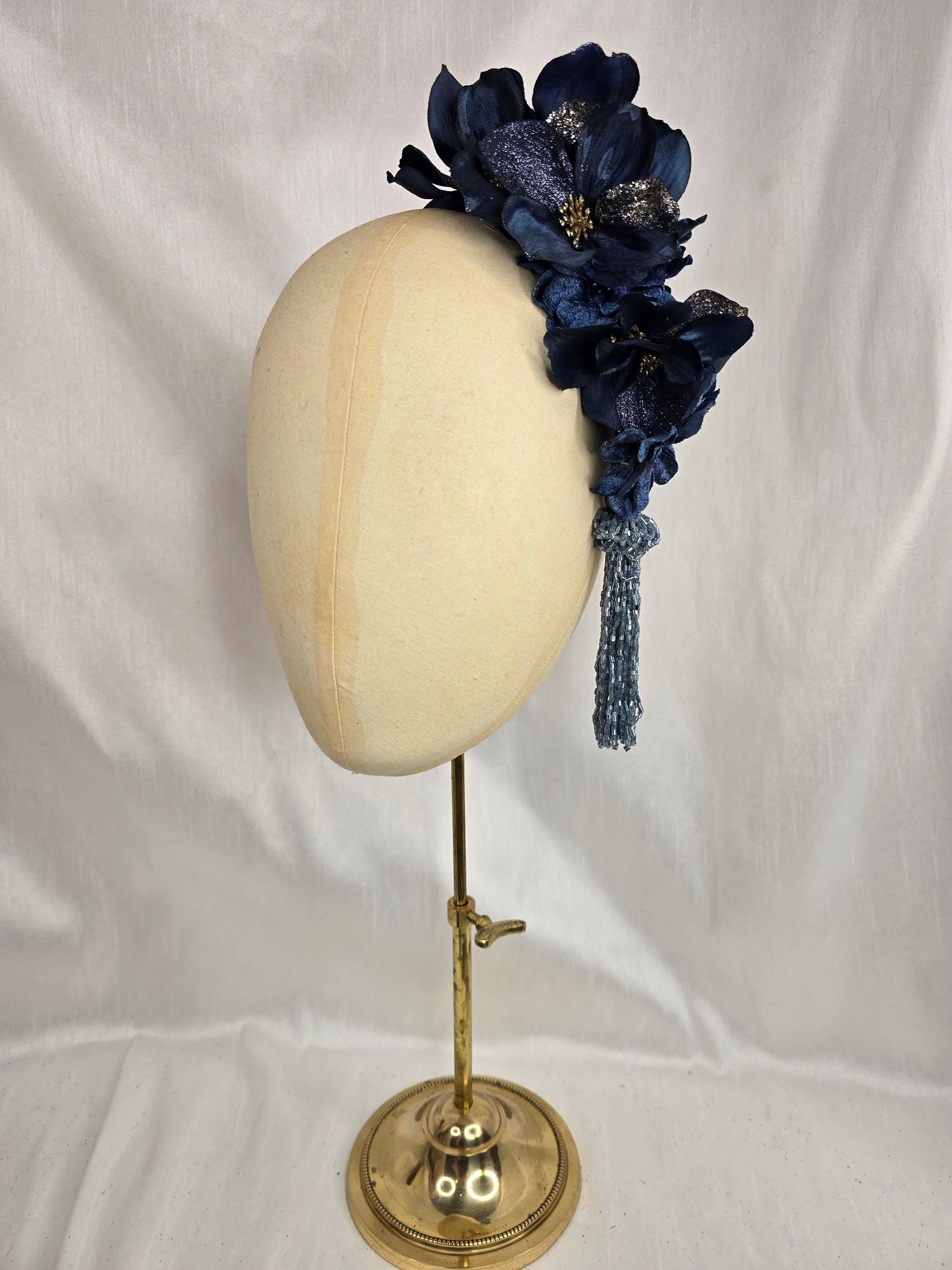 Large navy and silver flower headpiece with beaded tassels