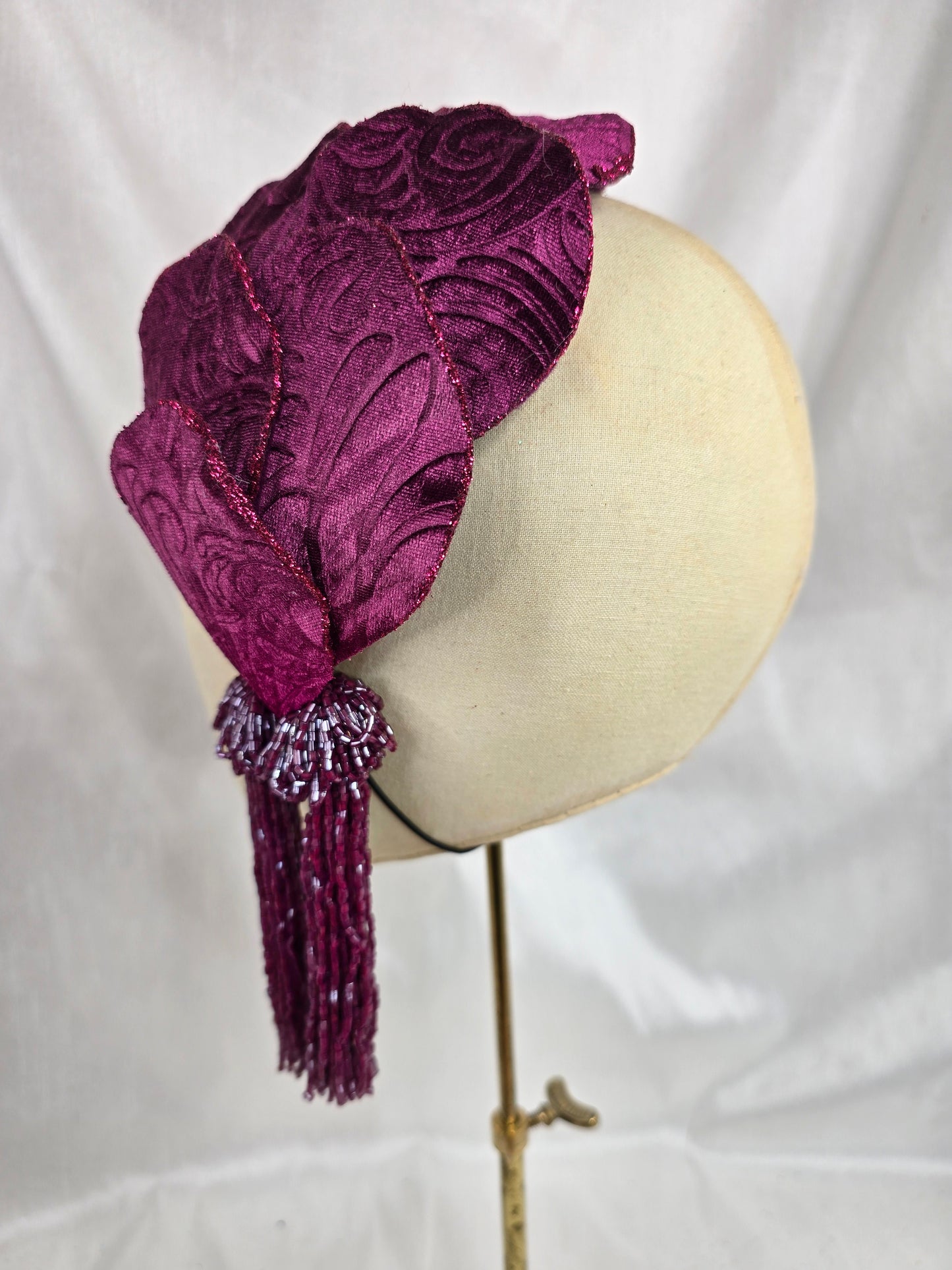 Dark magenta half hat/fascinator with beaded tassels (made to order)