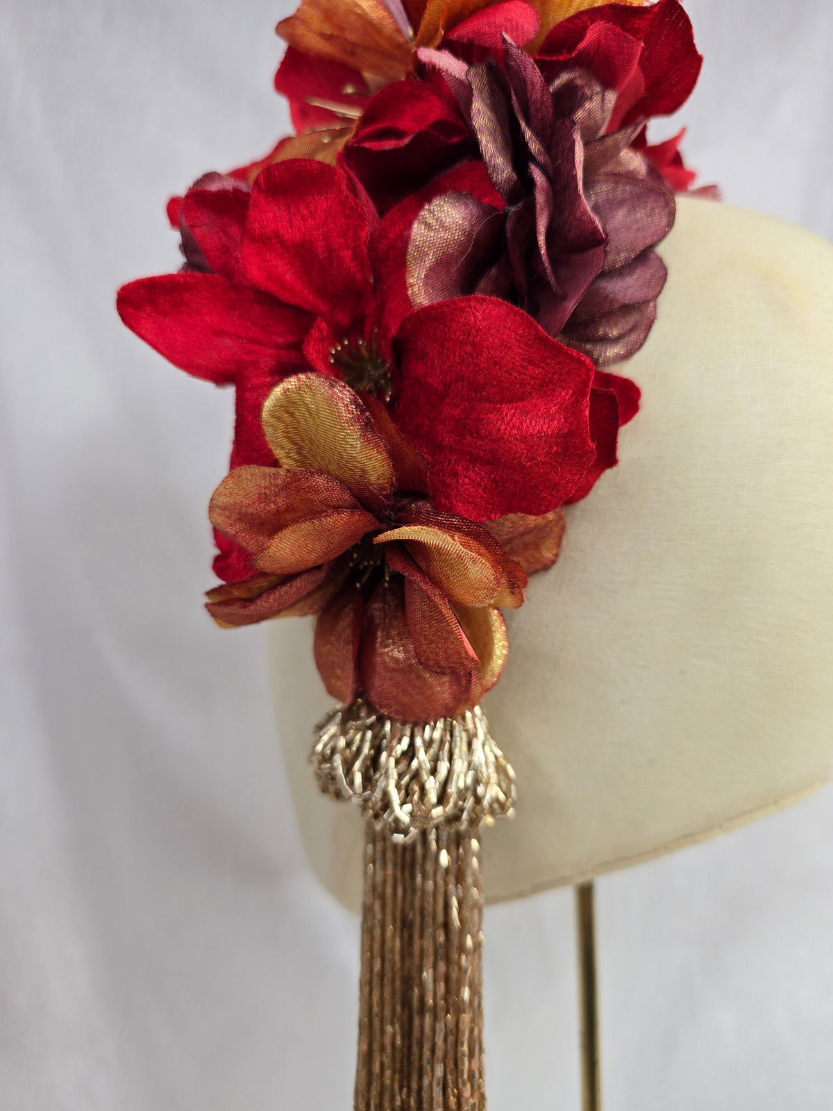 XL maroon, red and orange autumn flower headpiece/corsage with beaded tassels