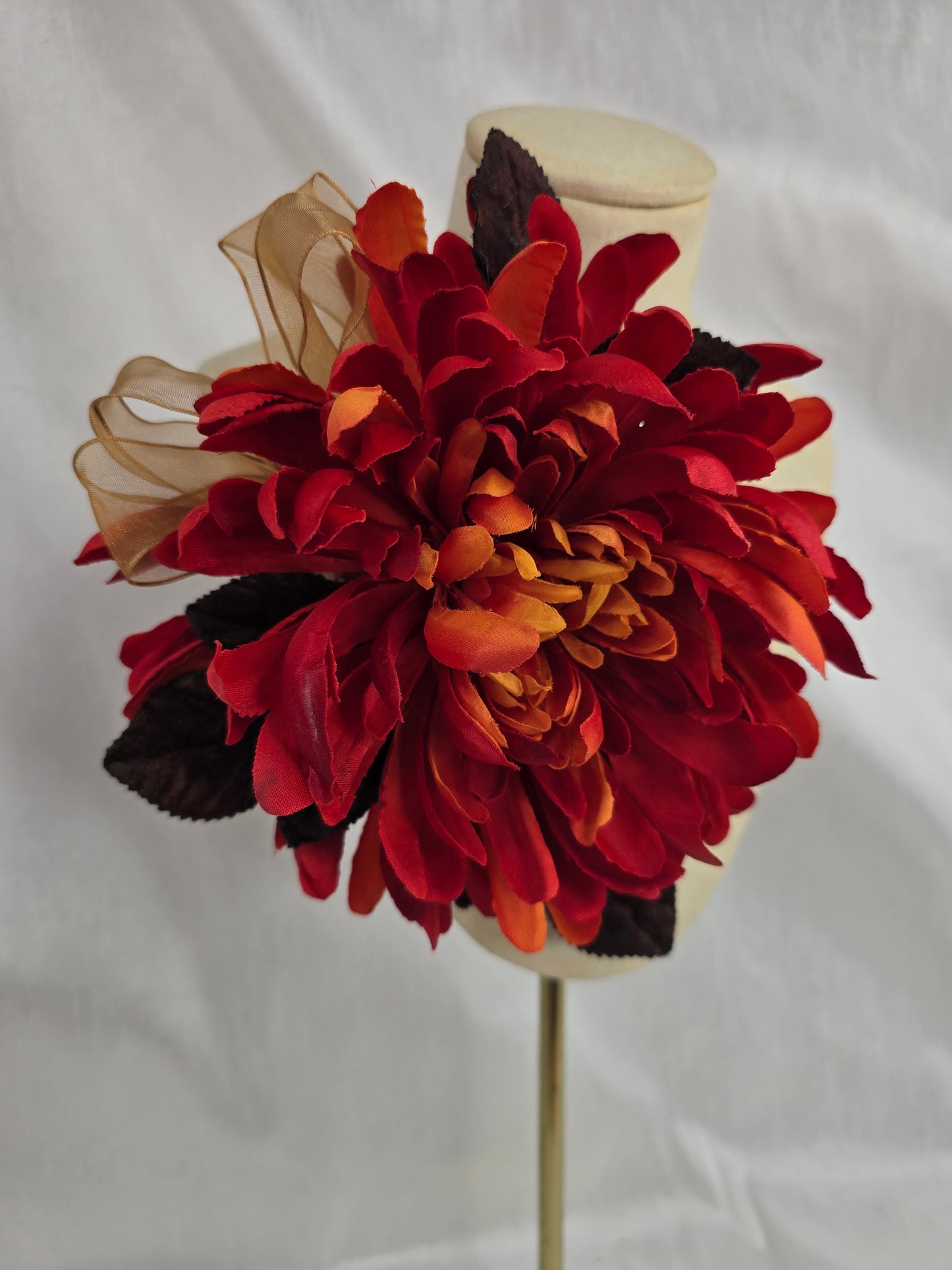 Large orange and brown chrysanthemum corsage