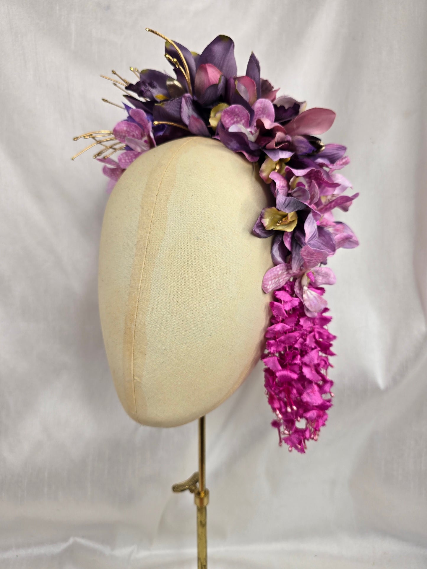Extra large purple orchid and dangly wisteria flower headpiece