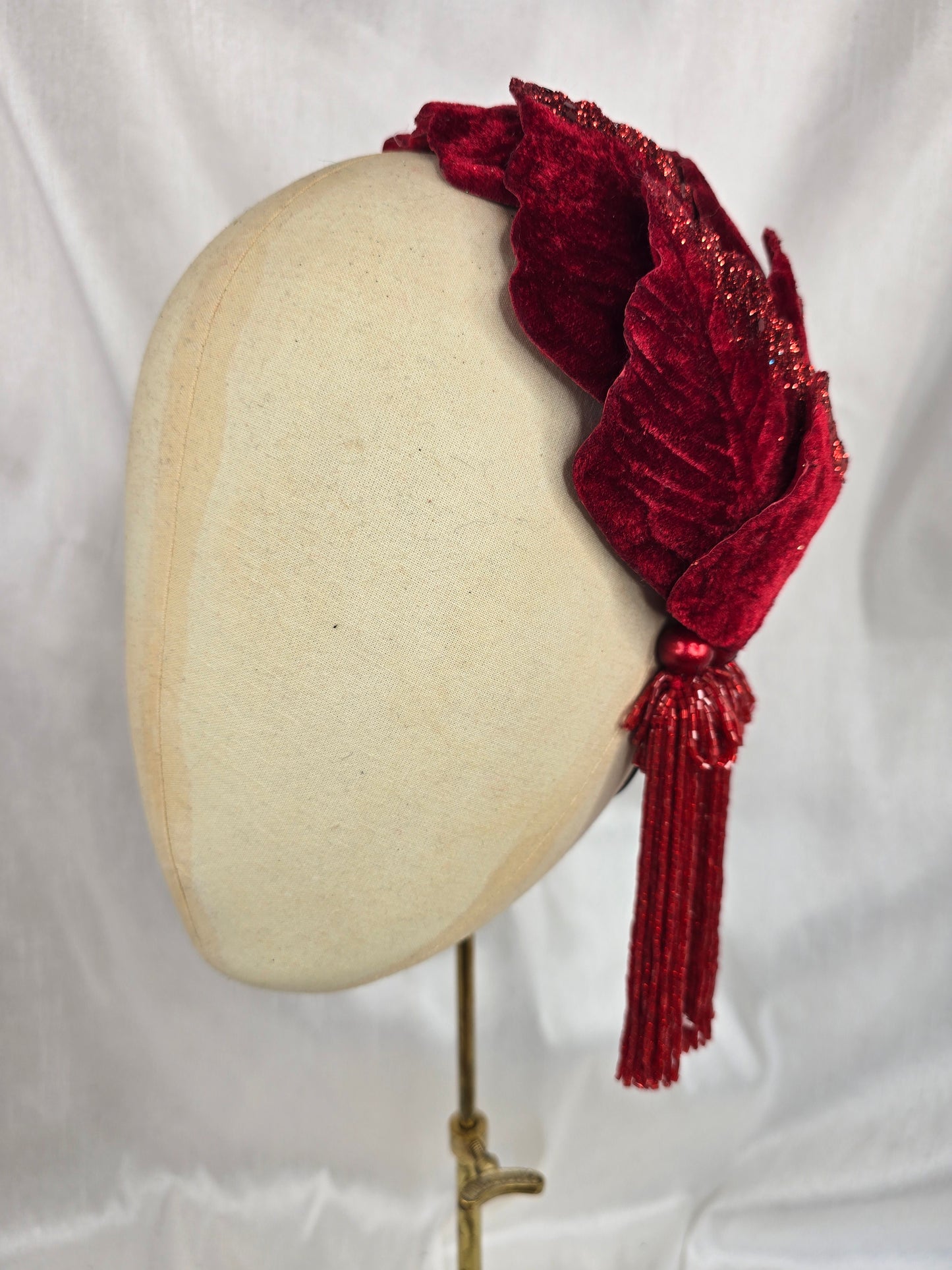 Red velvet glittered half hat/fascinator with red beaded tassels (made to order)