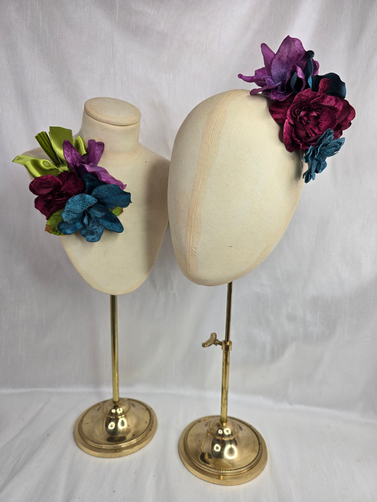 Teal, purple and burgundy velvet orchid hair flower and corsage set