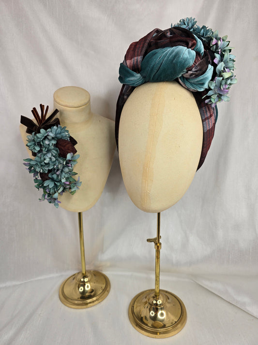 Brown check and blue stretch velvet turban with blue flowers