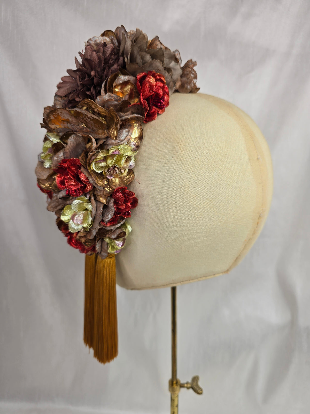 XL mocha, chartruese, and red autumn flower headpiece with mustard silky tassel