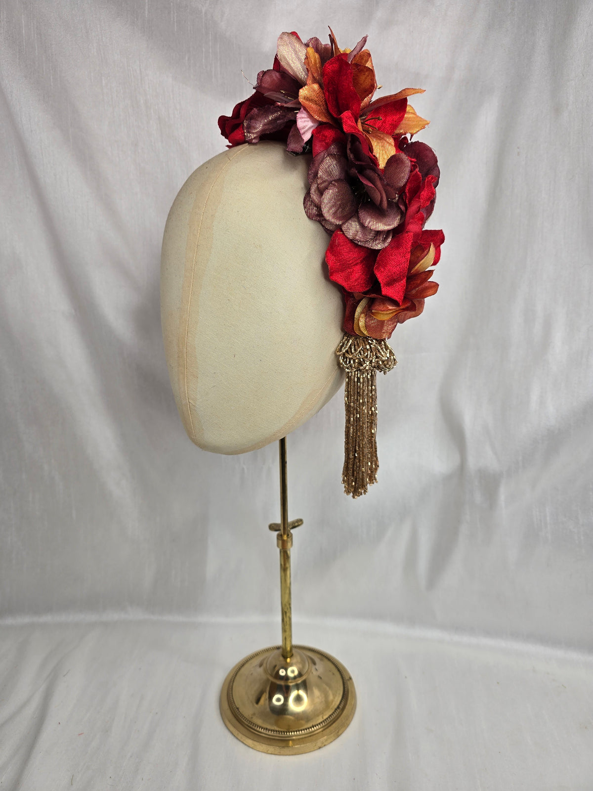 XL maroon, red and orange autumn flower headpiece/corsage with beaded tassels