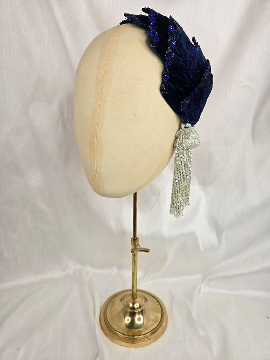 Navy glittered half hat/fascinator with silver beaded tassels (made to order)