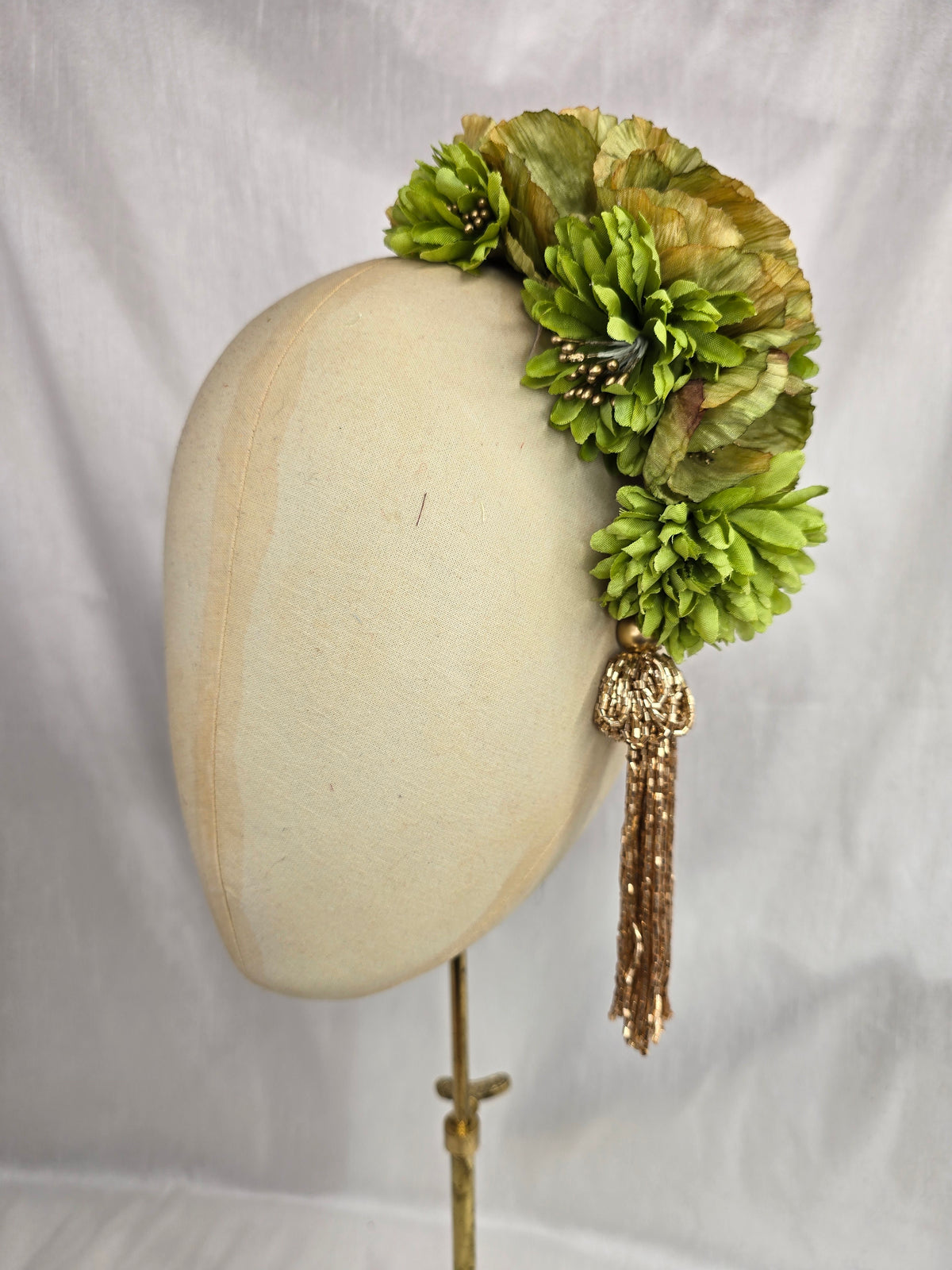 L chartreuse, lime green and gold autumn flower headpiece with beaded tassel