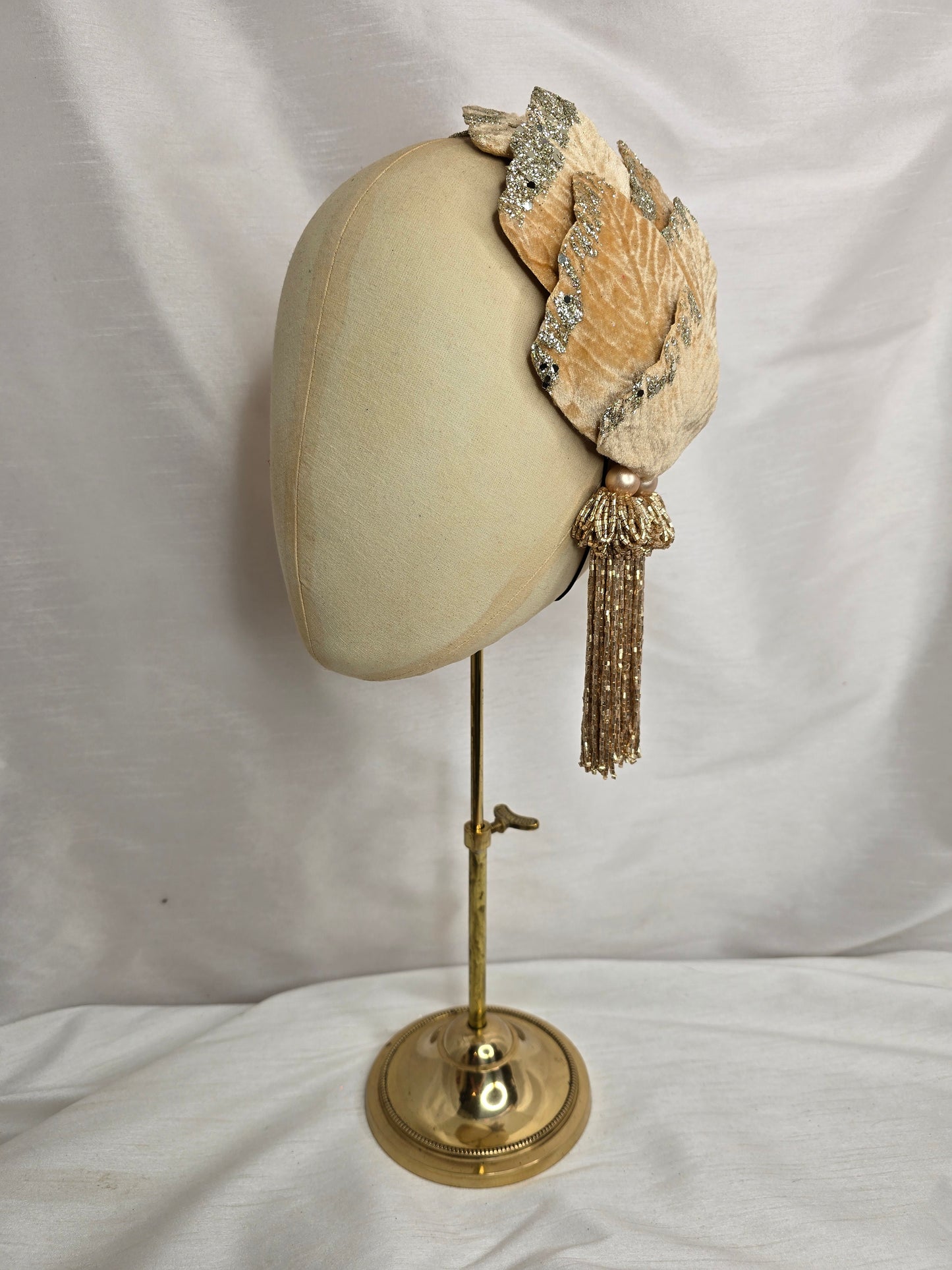 Champagne velvet glittered half hat/fascinator with gold beaded tassels (made to order)