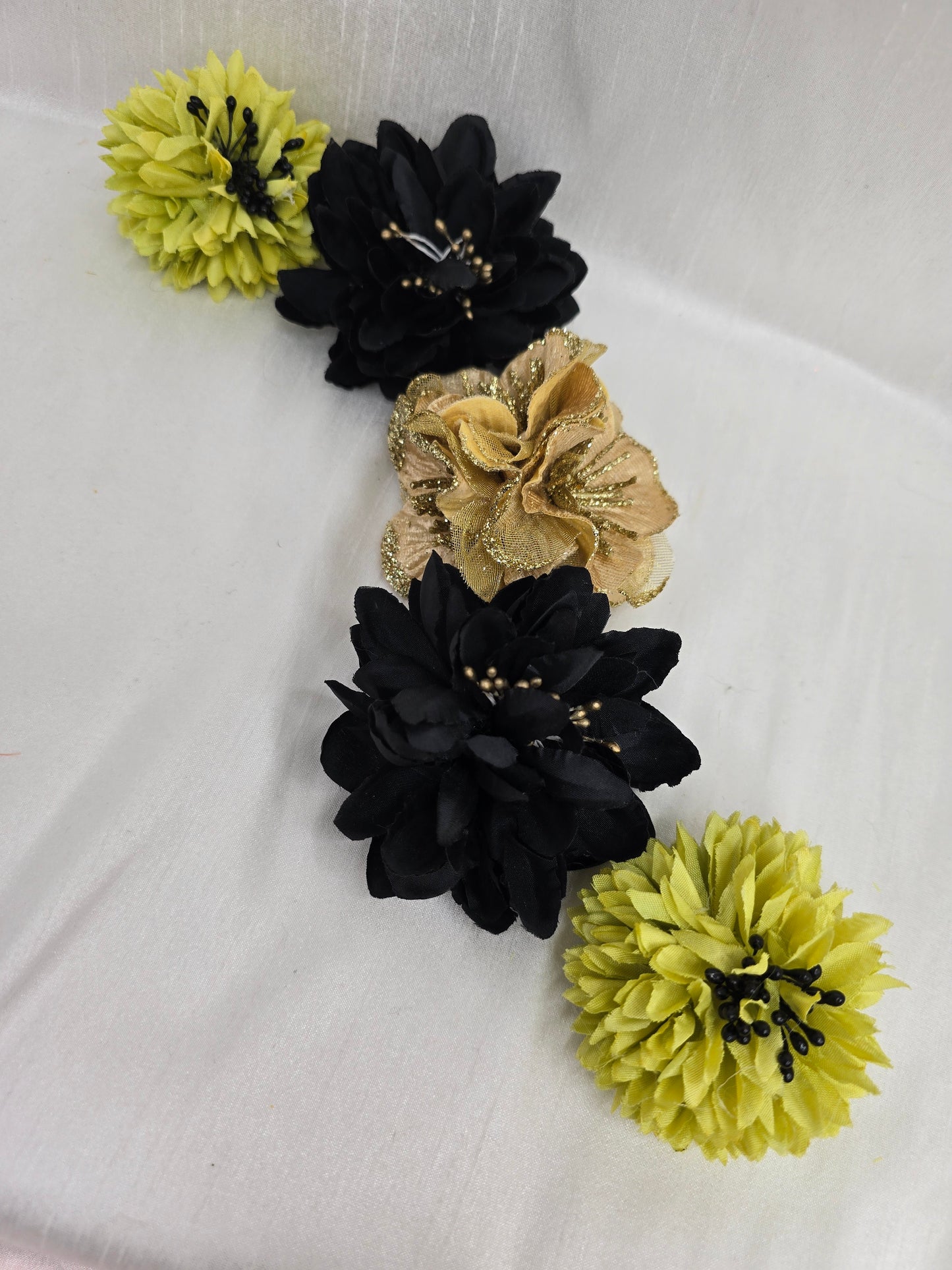 Set of 5 mix & match hair flowers/corsages - black and chartreuse