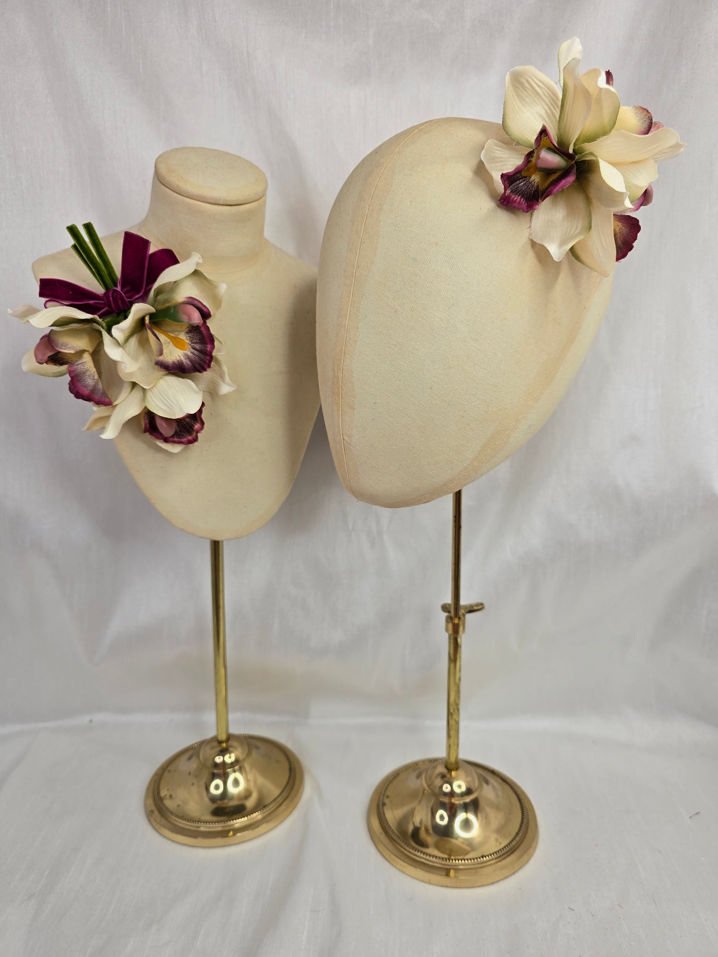Cream and mulberry orchid hair flower and corsage set