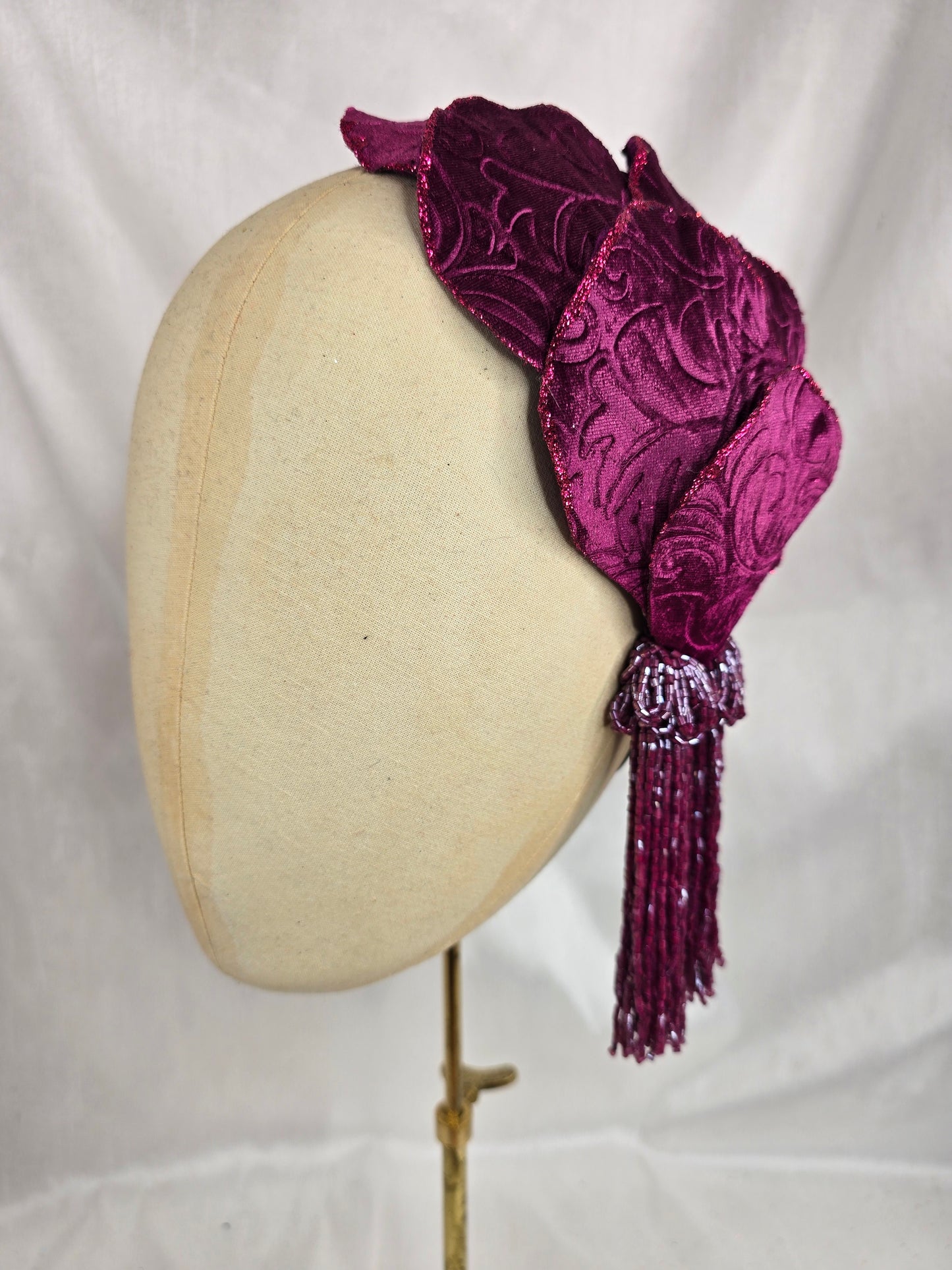 Dark magenta half hat/fascinator with beaded tassels (made to order)