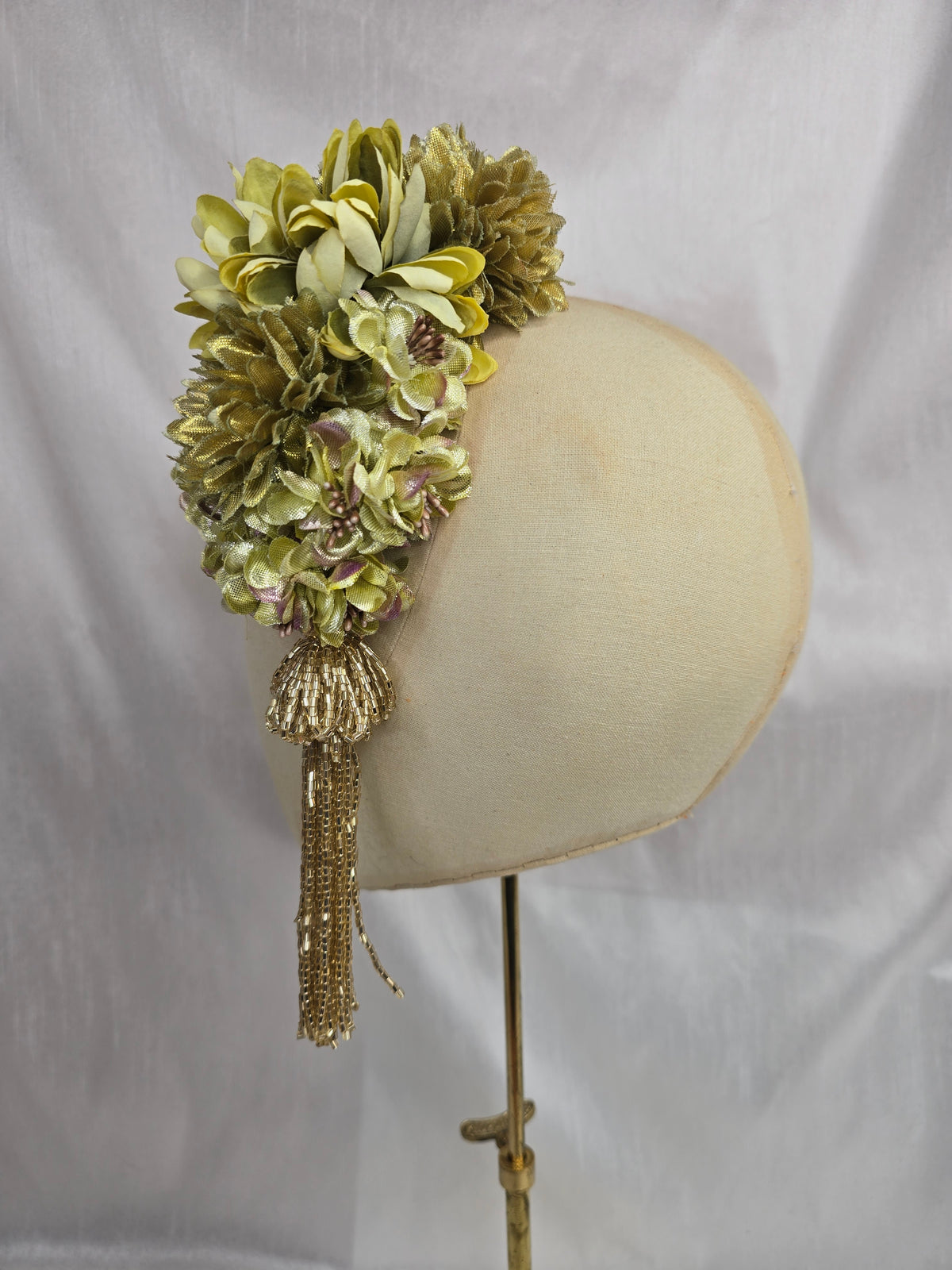 Medium chartreuse and gold flower headpiece/corsage with beaded tassel