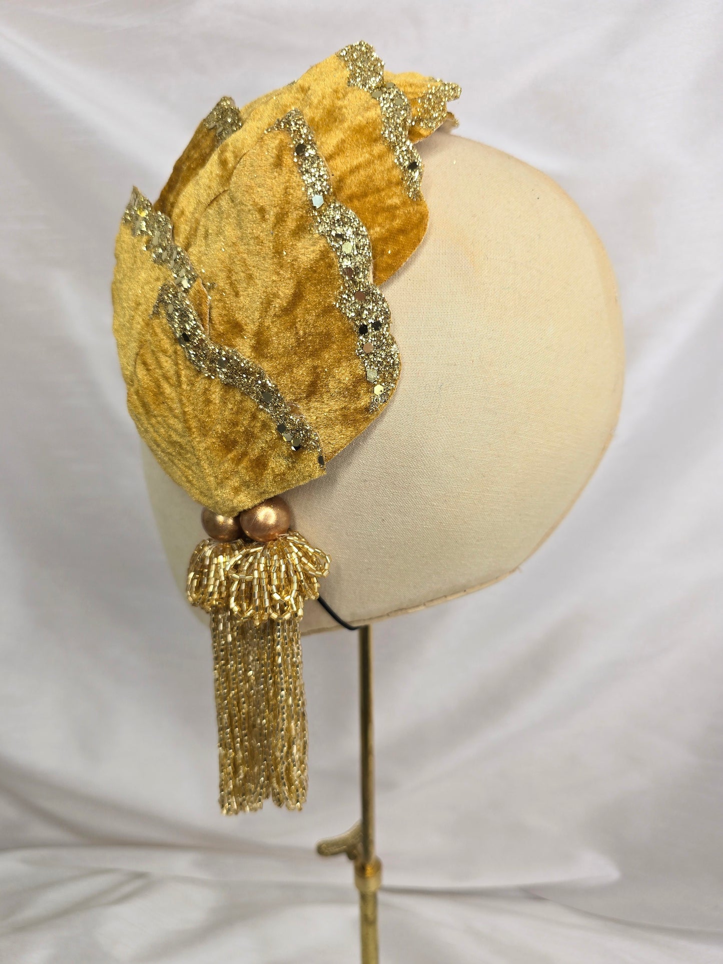 Golden yellow velvet glittered half hat/fascinator with gold beaded tassels (made to order)