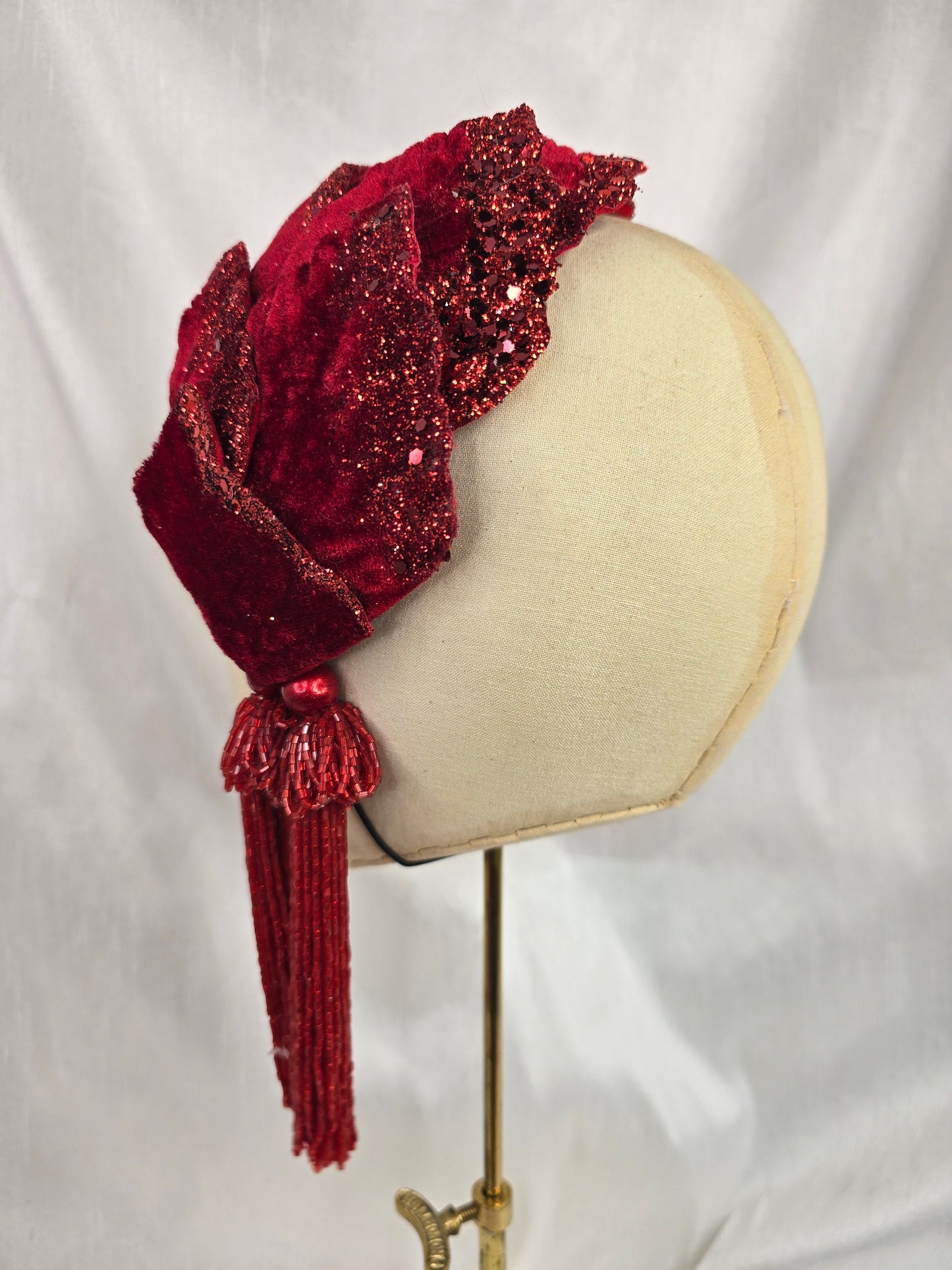Red velvet glittered half hat/fascinator with red beaded tassels (made to order)