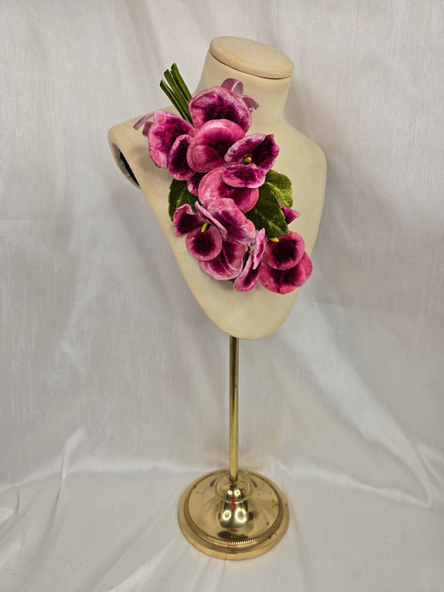 Heather purple stretch velvet turban with flower trim and corsage