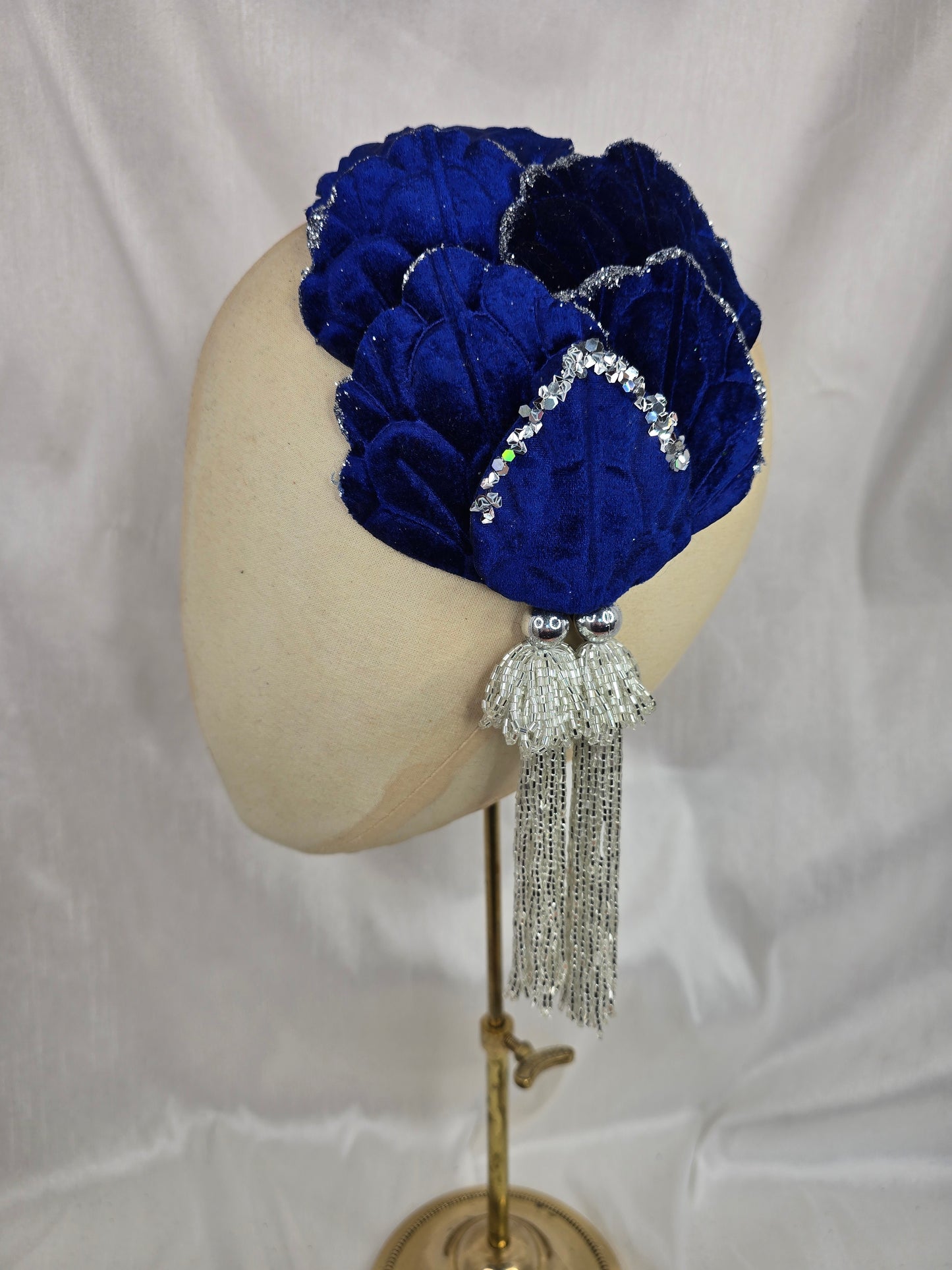 Royal blue and silver glittered half hat/fascinator with beaded tassels (made to order)