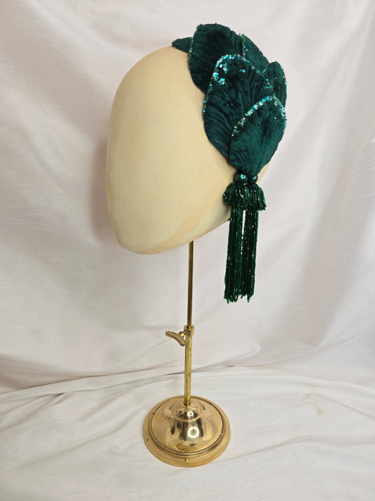 Bottle green velvet glittered half hat/fascinator with green beaded tassels (made to order)