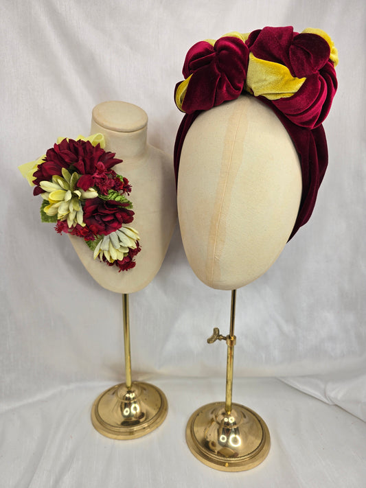 (Copy) Black and chartreuse and red stretch velvet turban with flowers