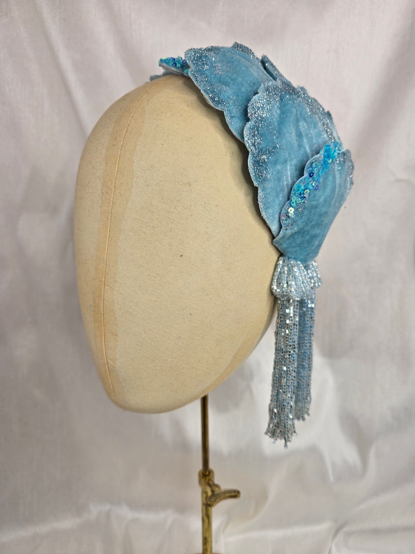 Pale aqua blue half hat/fascinator with beaded tassels (made to order)