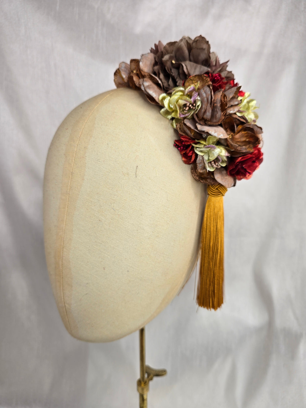 M mocha, chartruese, and red autumn flower headpiece with mustard silky tassel