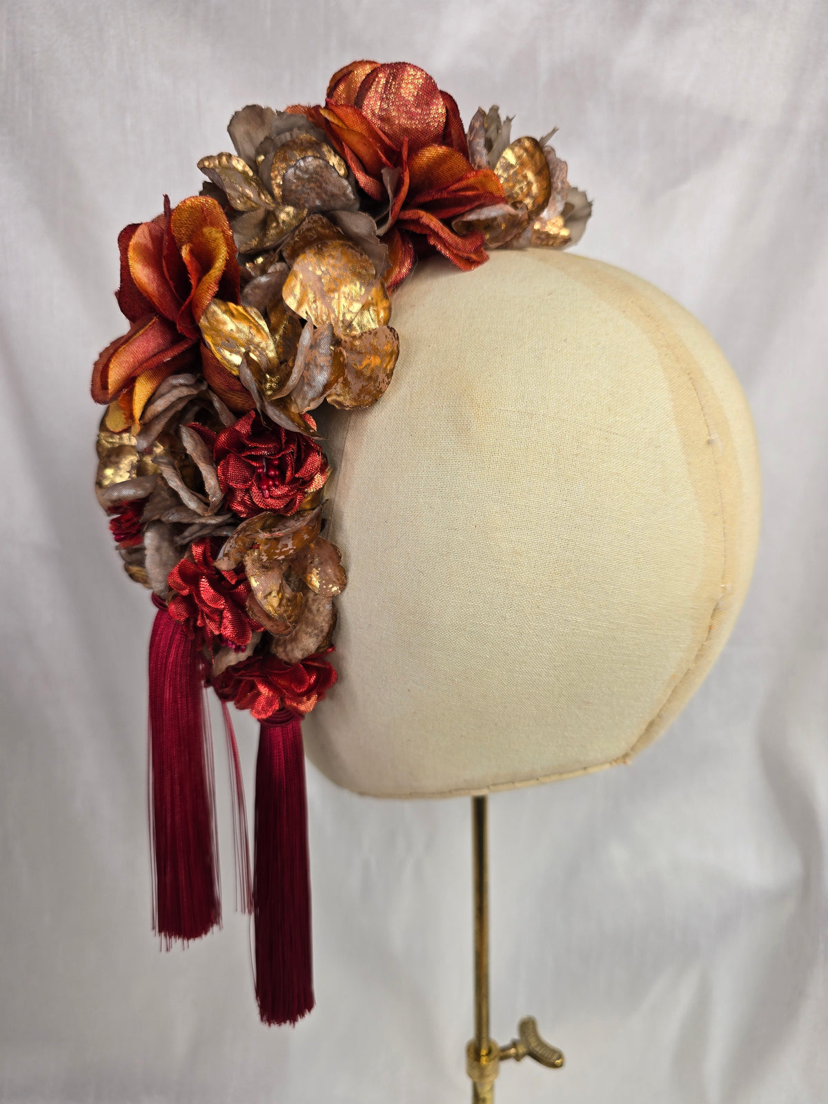 XL mocha, orange and red autumn flower headpiece with red silky tassels