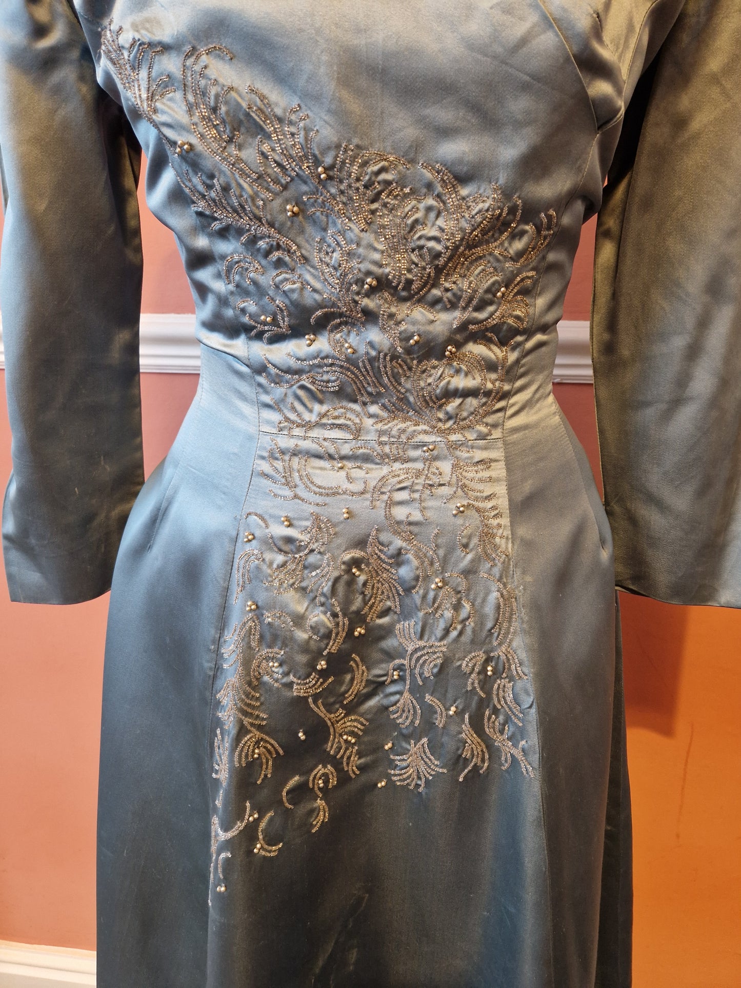 1950s duck egg blue satin beaded full skirt dress size 10