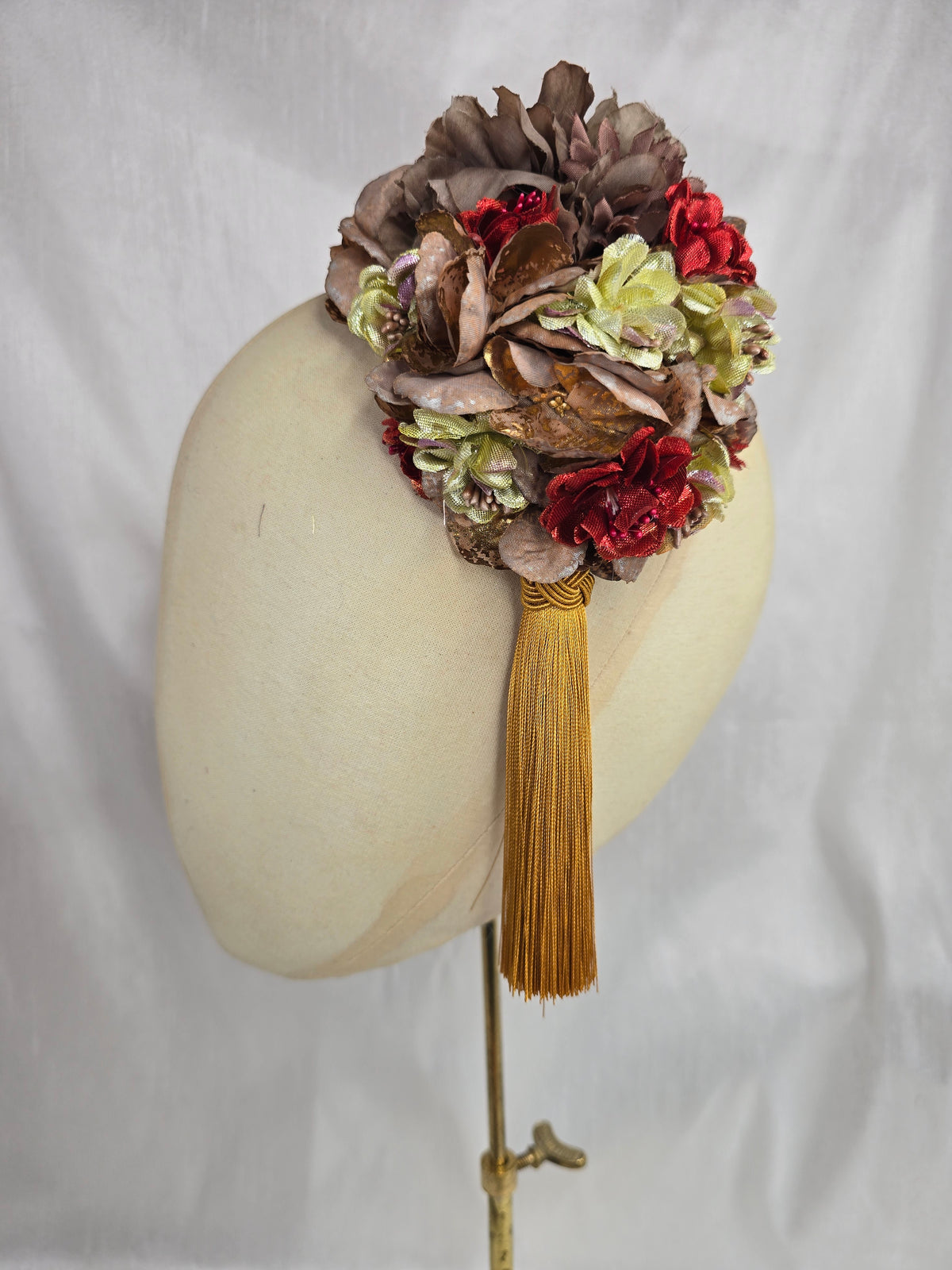 M mocha, chartruese, and red autumn flower headpiece with mustard silky tassel