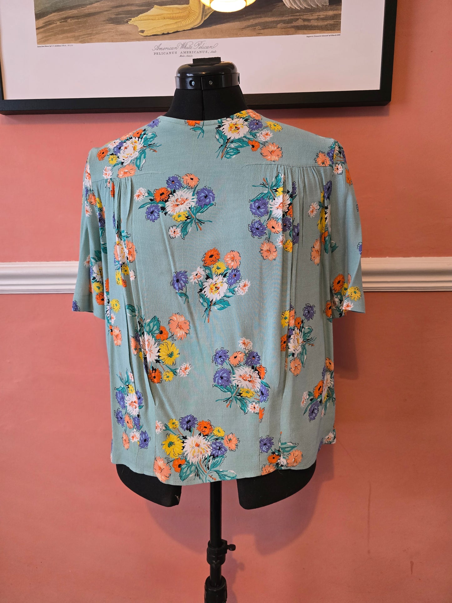House of Foxy aqua and flower print viscose blouse size 12