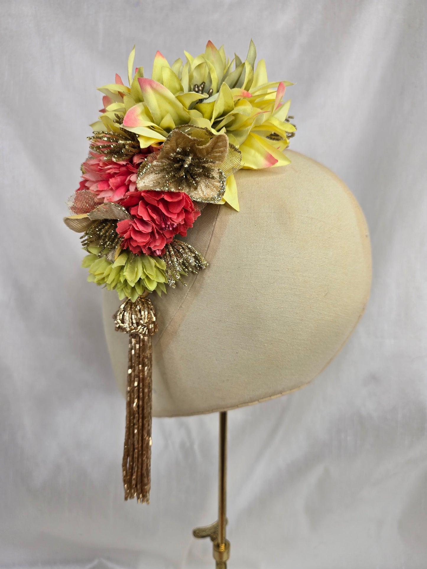Large gold/coral/chartruese hair flower with beaded tassel