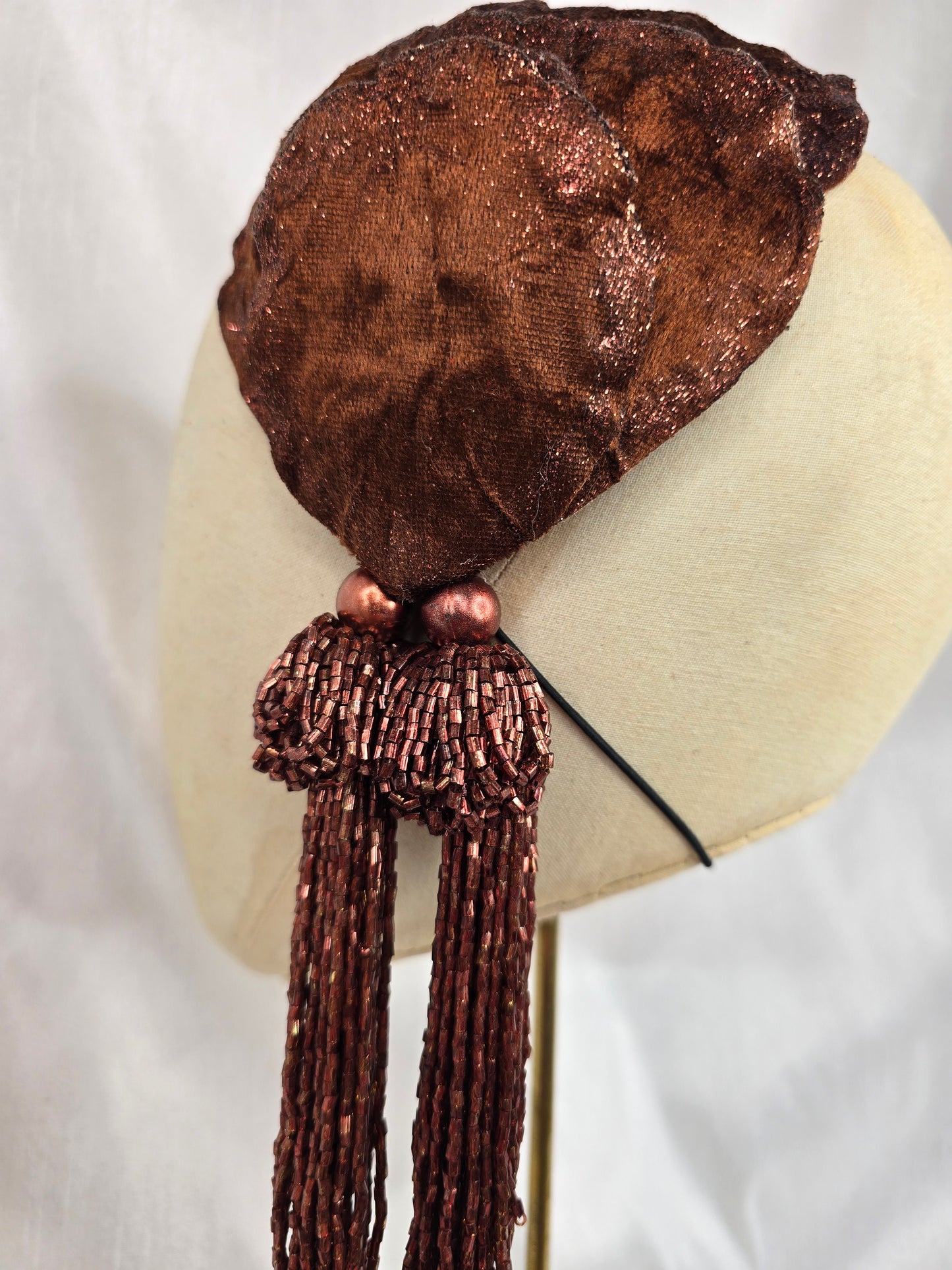 Chestnut brown glittered half hat/fascinator with beaded tassels (made to order)