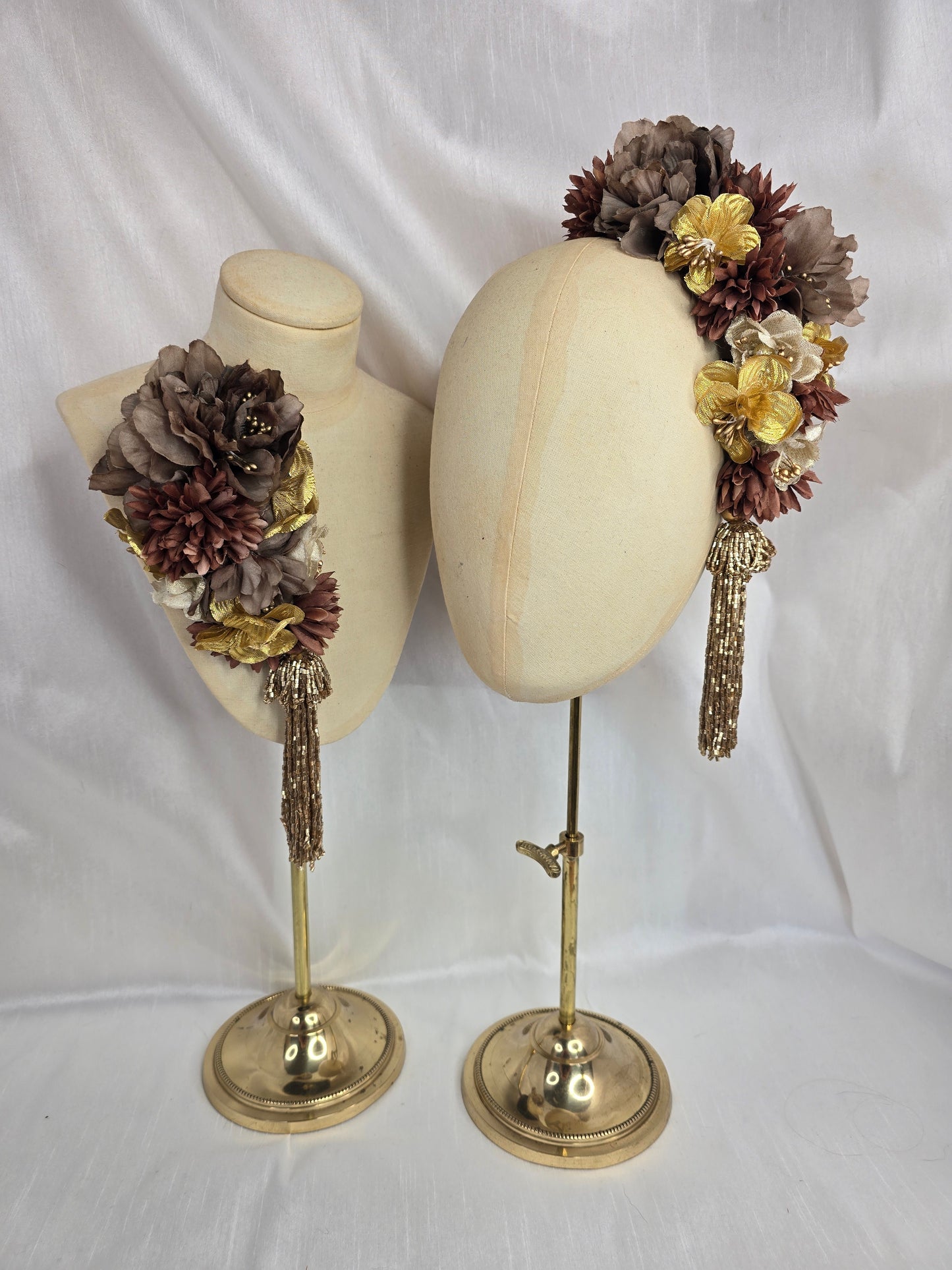 Brown and gold large headpiece with gold beaded tassel