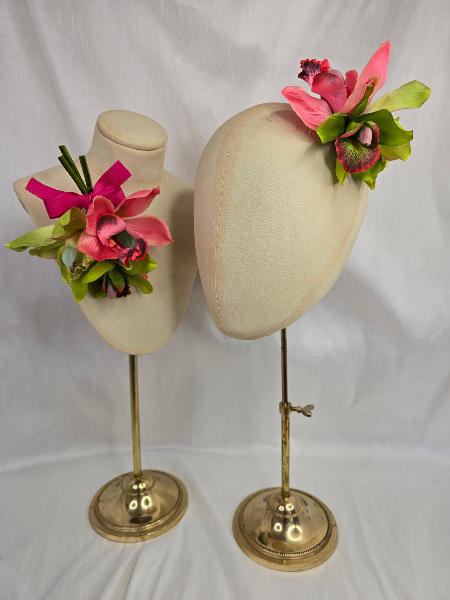 Green and pink orchid hair flower and corsage set