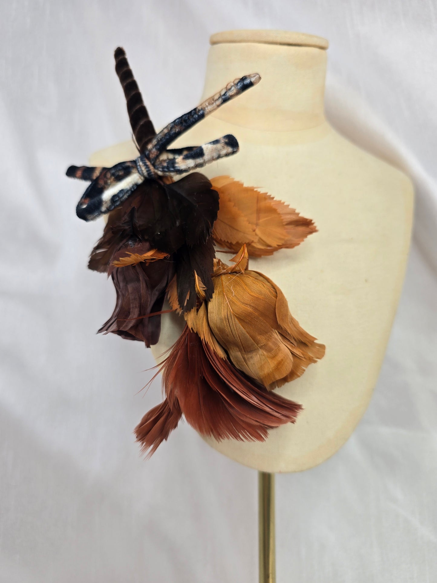 Tan and leopard stretch velvet turban with vintage feather trim and corsage