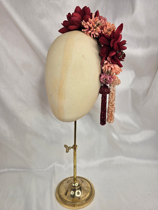Large red, coral, pink and gold flower headpiece with beaded tassels