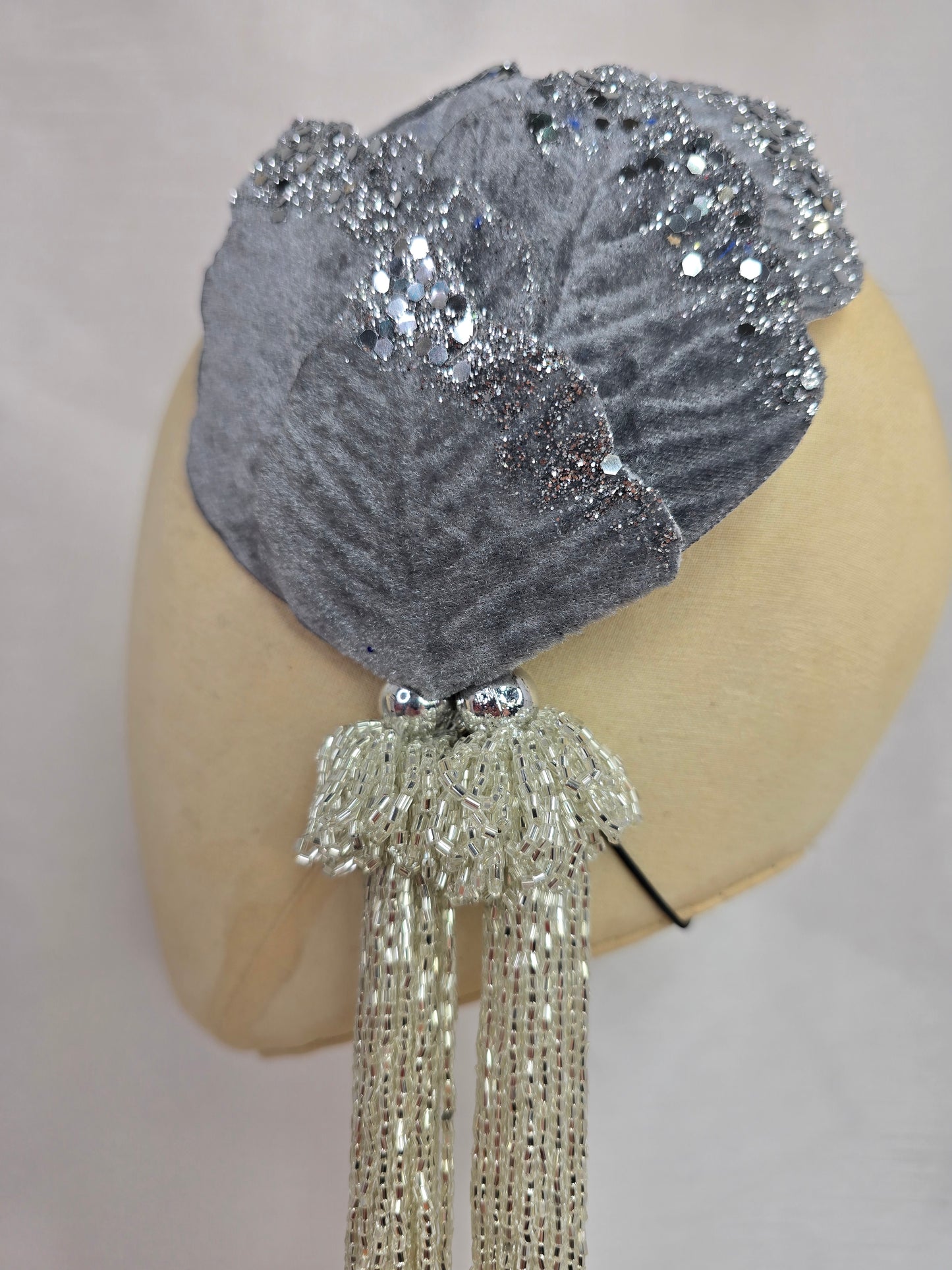 Silver velvet glittered half hat/fascinator with silver beaded tassels