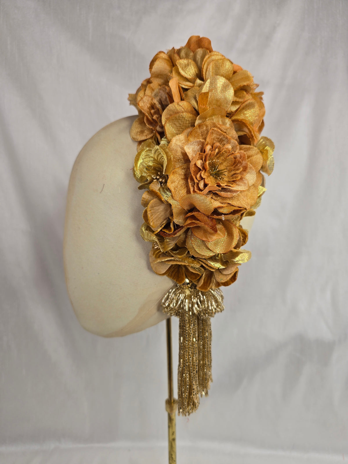 XL luxury autumn gold flower headpiece with gold beaded tassels