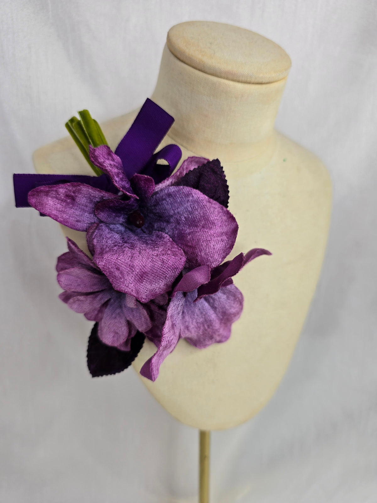 Purple velvet orchid hair flower and corsage set