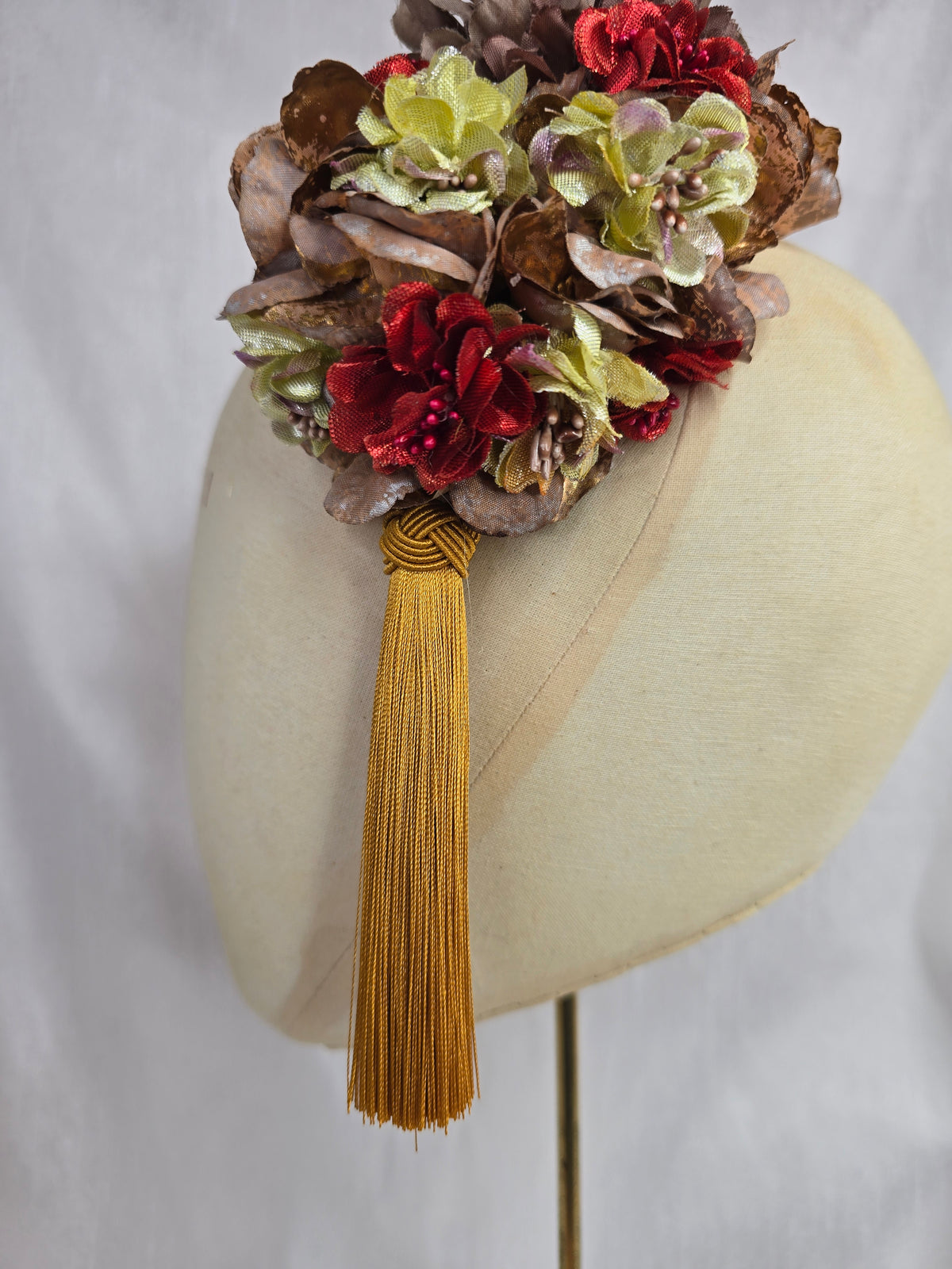 M mocha, chartruese, and red autumn flower headpiece with mustard silky tassel