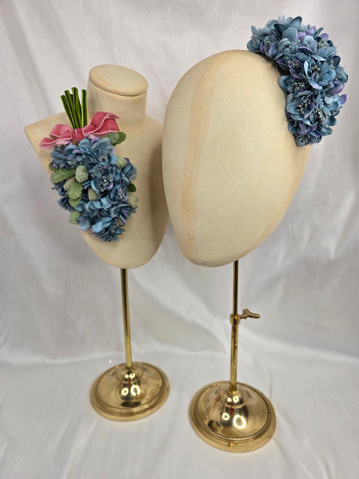 Pink and mocha stretch velvet turban with flower trim, hair flower and corsage