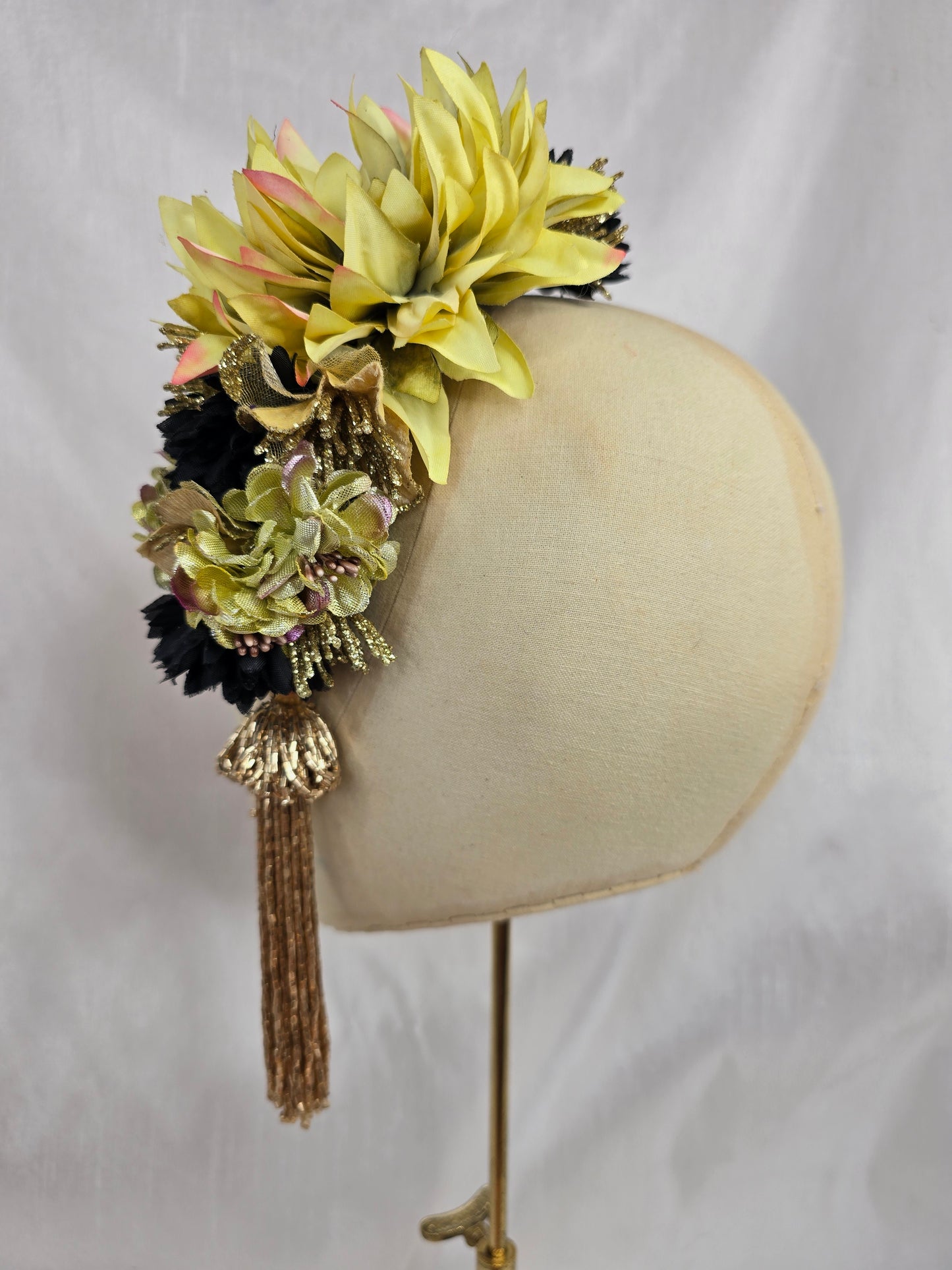 Large gold/black/chartruese hair flower with beaded tassel (Copy)
