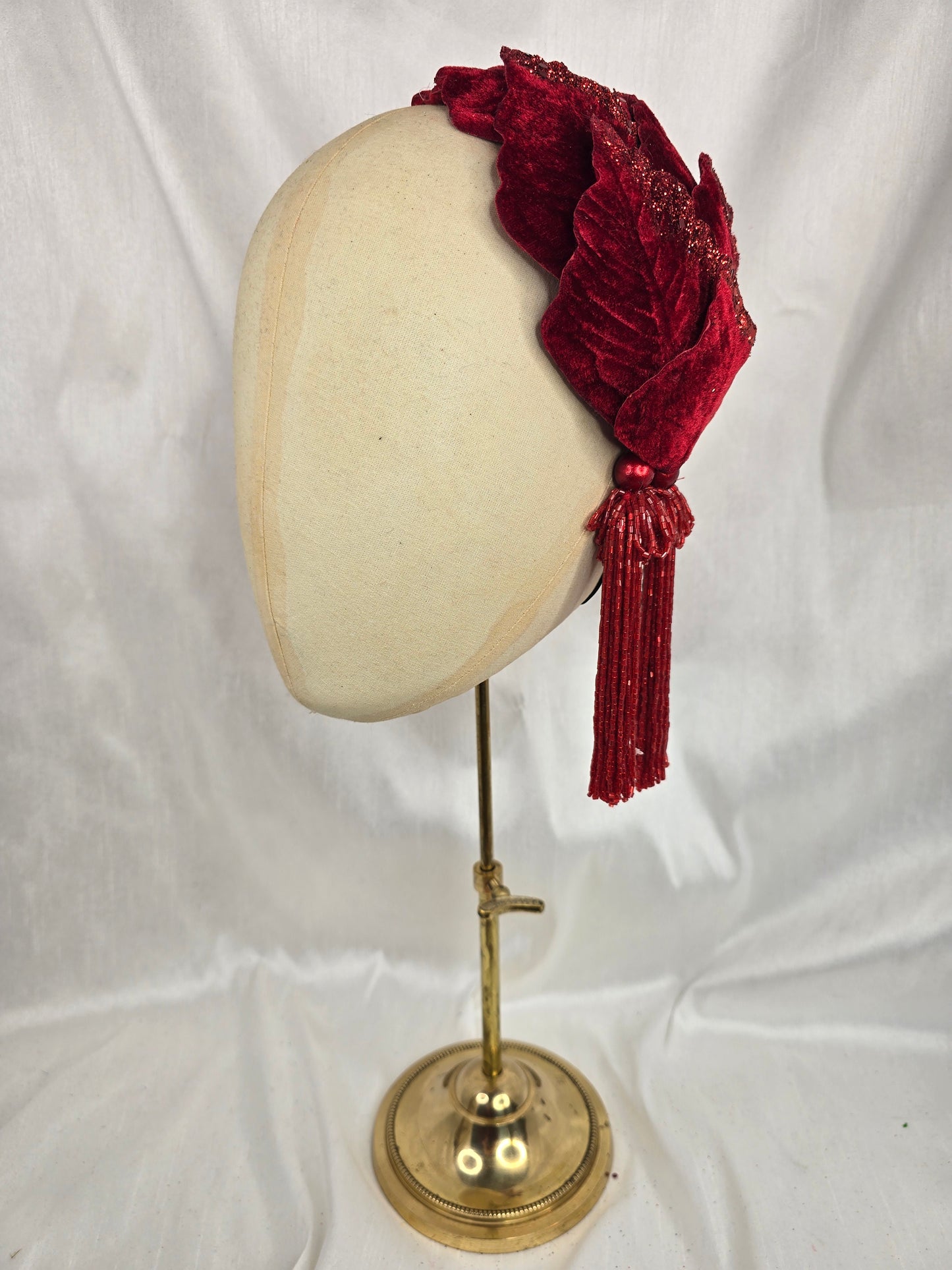 Red velvet glittered half hat/fascinator with red beaded tassels (made to order)